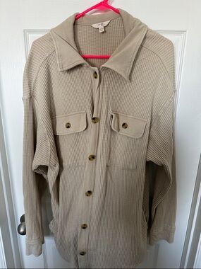 Terra & Sky Waffle Knit Button-Up Shacket in Beige